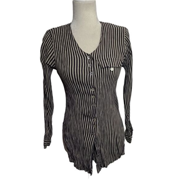 VINTAGE 90s striped iridescent button crinkle fabric‎ split side blouse S - Picture 1 of 12